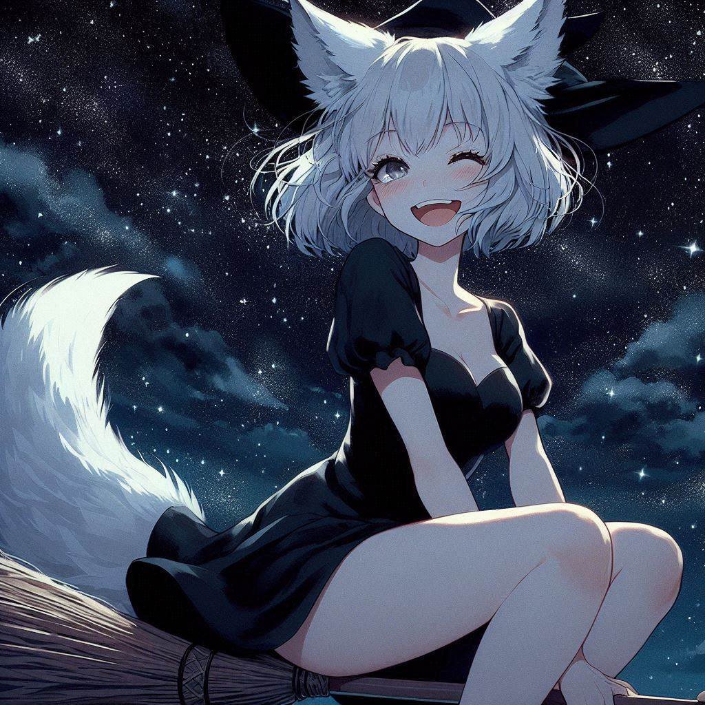 Today we are a little bit witches - My, Art, Neural network art, Нейронные сети, Ginger & White, Animal ears, Girls, Anime art, Anime, Original character, Kitsune, Halloween, Witches, Night, Longpost