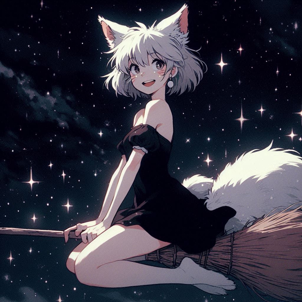 Today we are a little bit witches - My, Art, Neural network art, Нейронные сети, Ginger & White, Animal ears, Girls, Anime art, Anime, Original character, Kitsune, Halloween, Witches, Night, Longpost