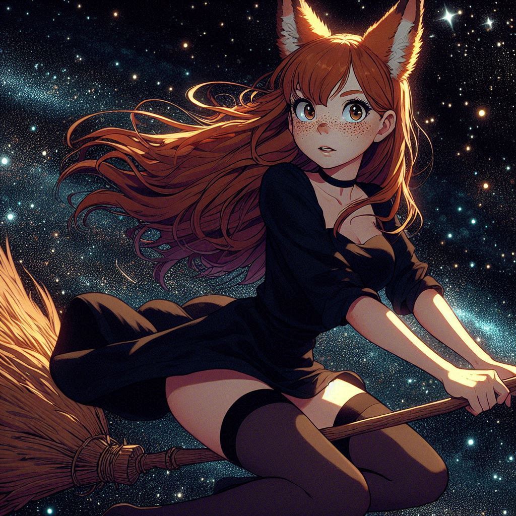 Today we are a little bit witches - My, Art, Neural network art, Нейронные сети, Ginger & White, Animal ears, Girls, Anime art, Anime, Original character, Kitsune, Halloween, Witches, Night, Longpost