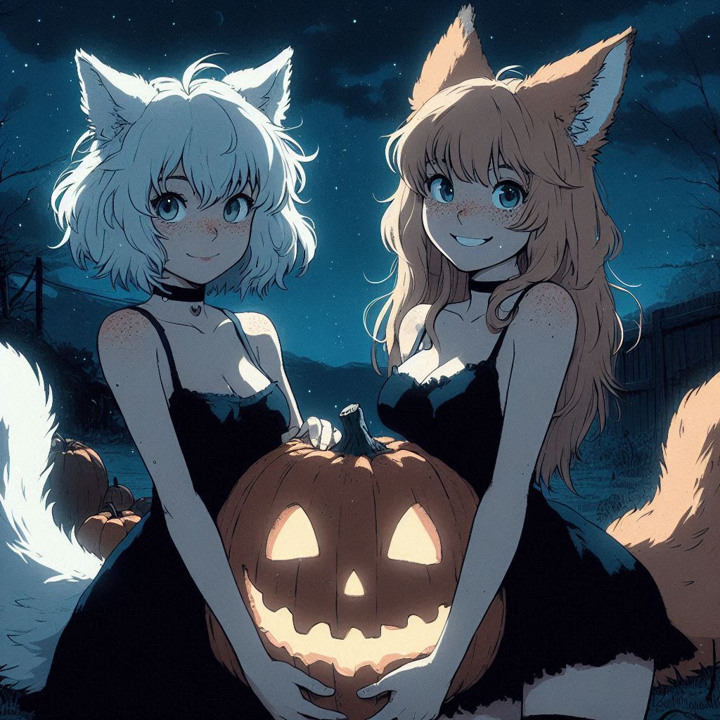 Today we are a little bit witches - My, Art, Neural network art, Нейронные сети, Ginger & White, Animal ears, Girls, Anime art, Anime, Original character, Kitsune, Halloween, Witches, Night, Longpost