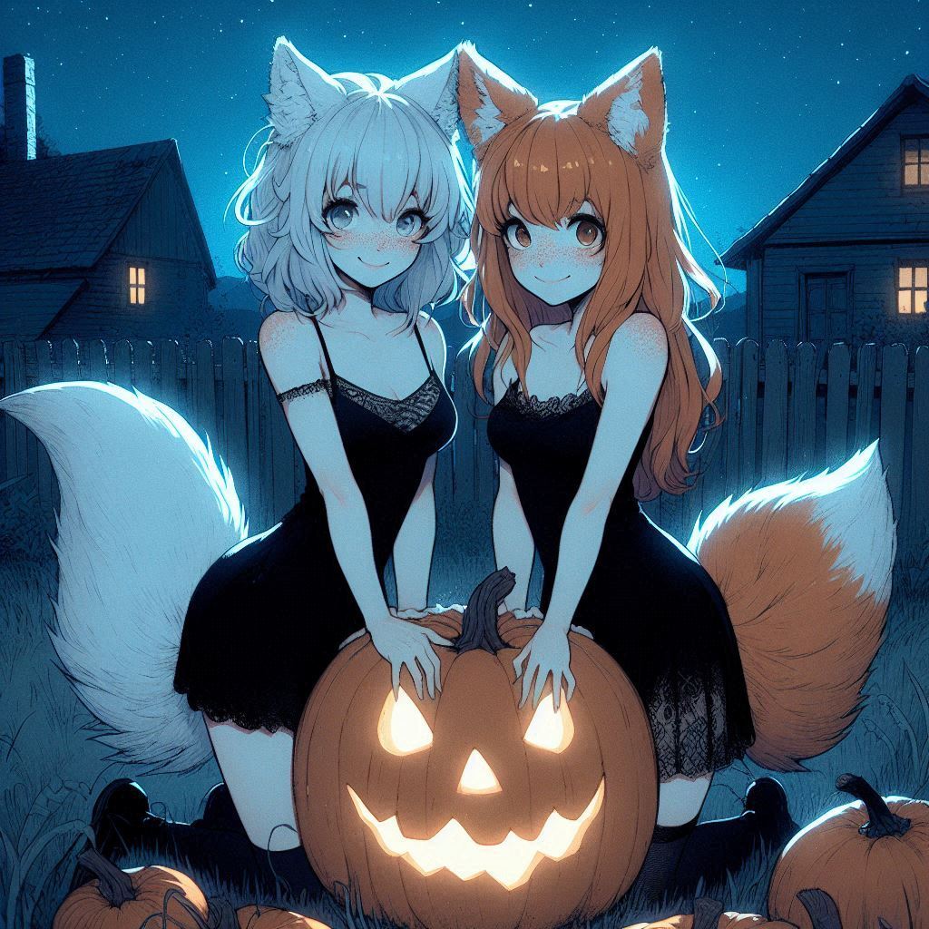 Today we are a little bit witches - My, Art, Neural network art, Нейронные сети, Ginger & White, Animal ears, Girls, Anime art, Anime, Original character, Kitsune, Halloween, Witches, Night, Longpost