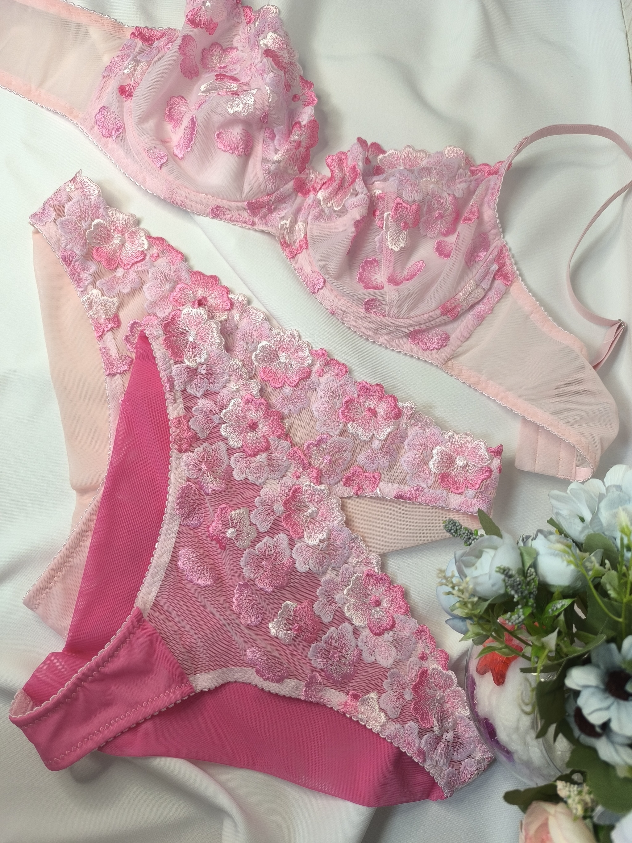 Delicate pink set - My, Underwear, Sewing, Needlework, Needlework without process, Handmade, Bra, Lace, Longpost