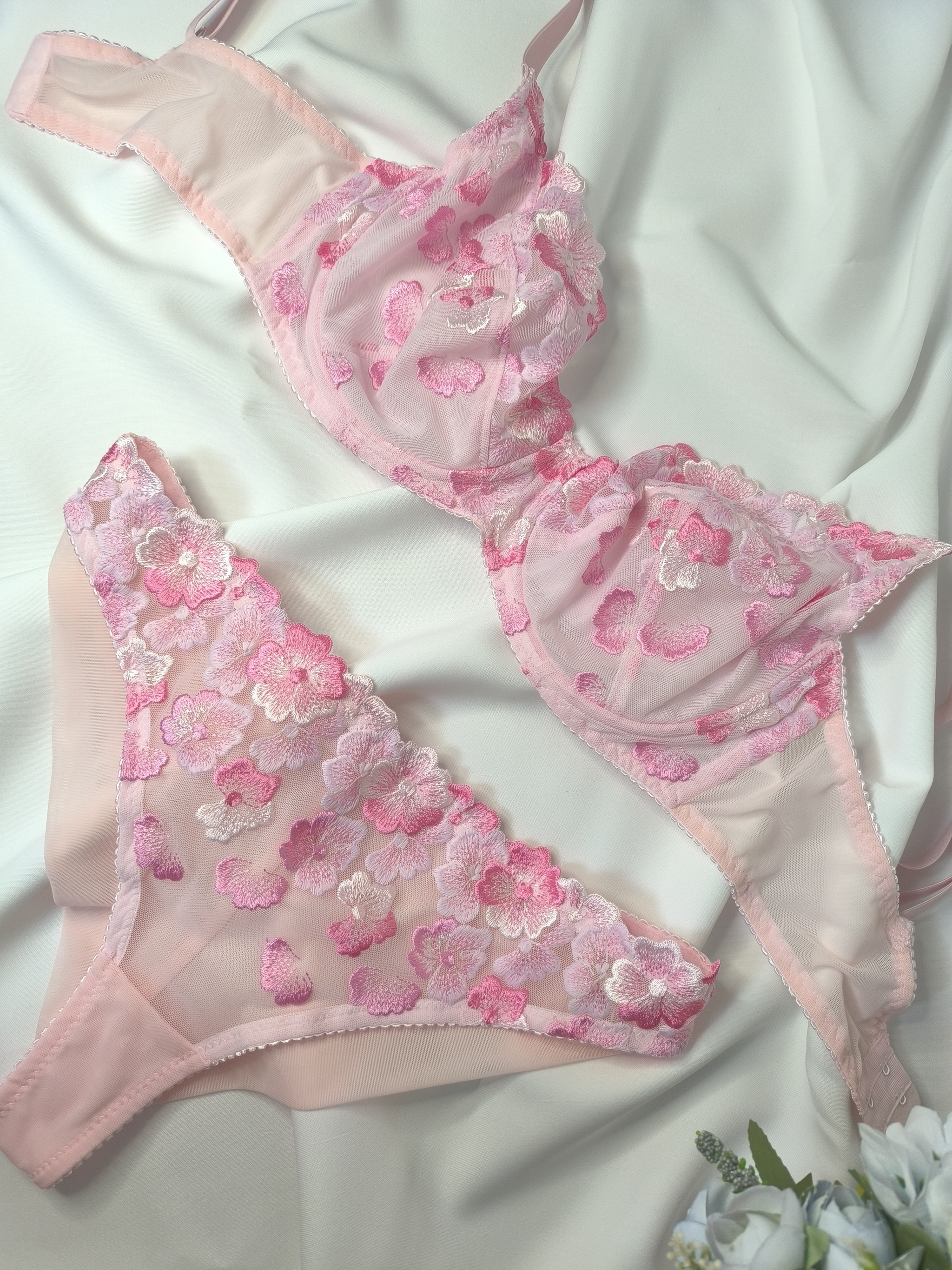 Delicate pink set - My, Underwear, Sewing, Needlework, Needlework without process, Handmade, Bra, Lace, Longpost