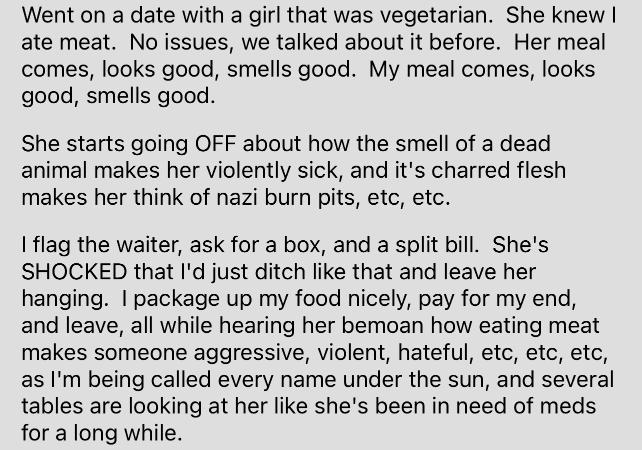 Strange Madam - Reddit, Vegetarianism, Vegan, Vegans and meat eaters, Screenshot, Translation, Date, Unsuccessful date, A restaurant