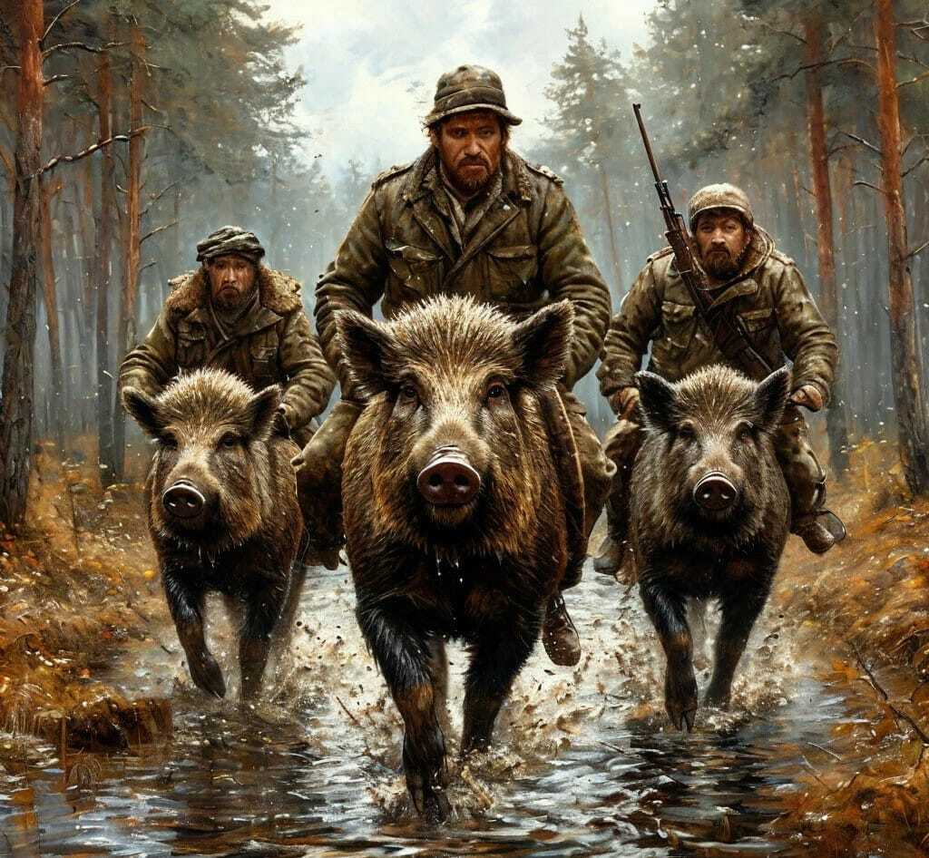 Real Russian hunters - Hunting, People, Nature, Boar, Neural network art, Forest