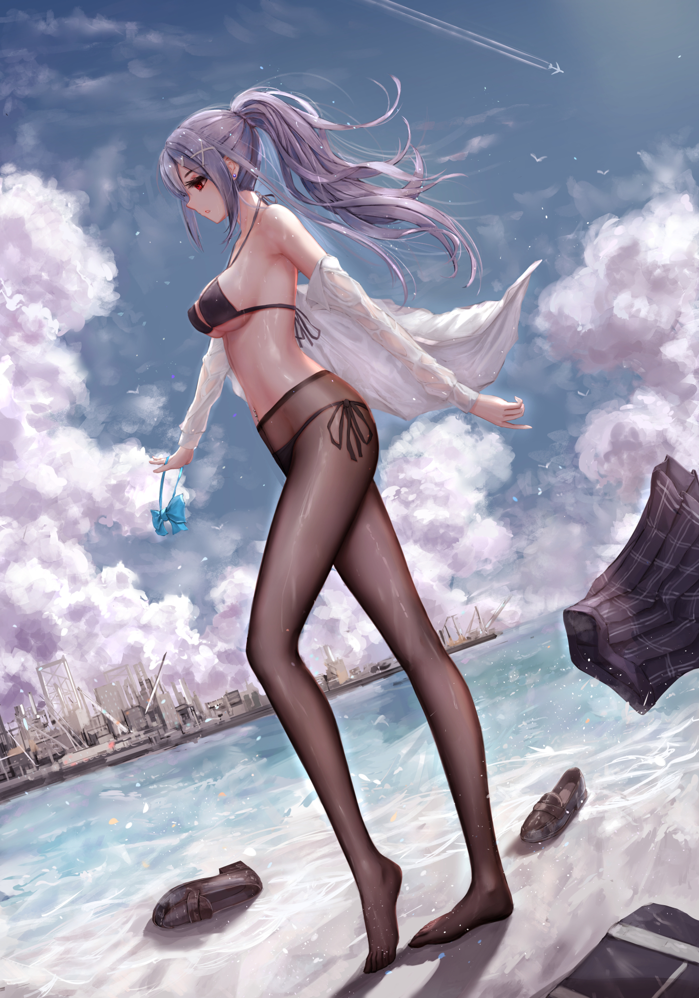 Cumulonimbus clouds - Anime art, Anime, Original character, Swimsuit, Tights, Stockings, Sea, Red eyes, Longpost