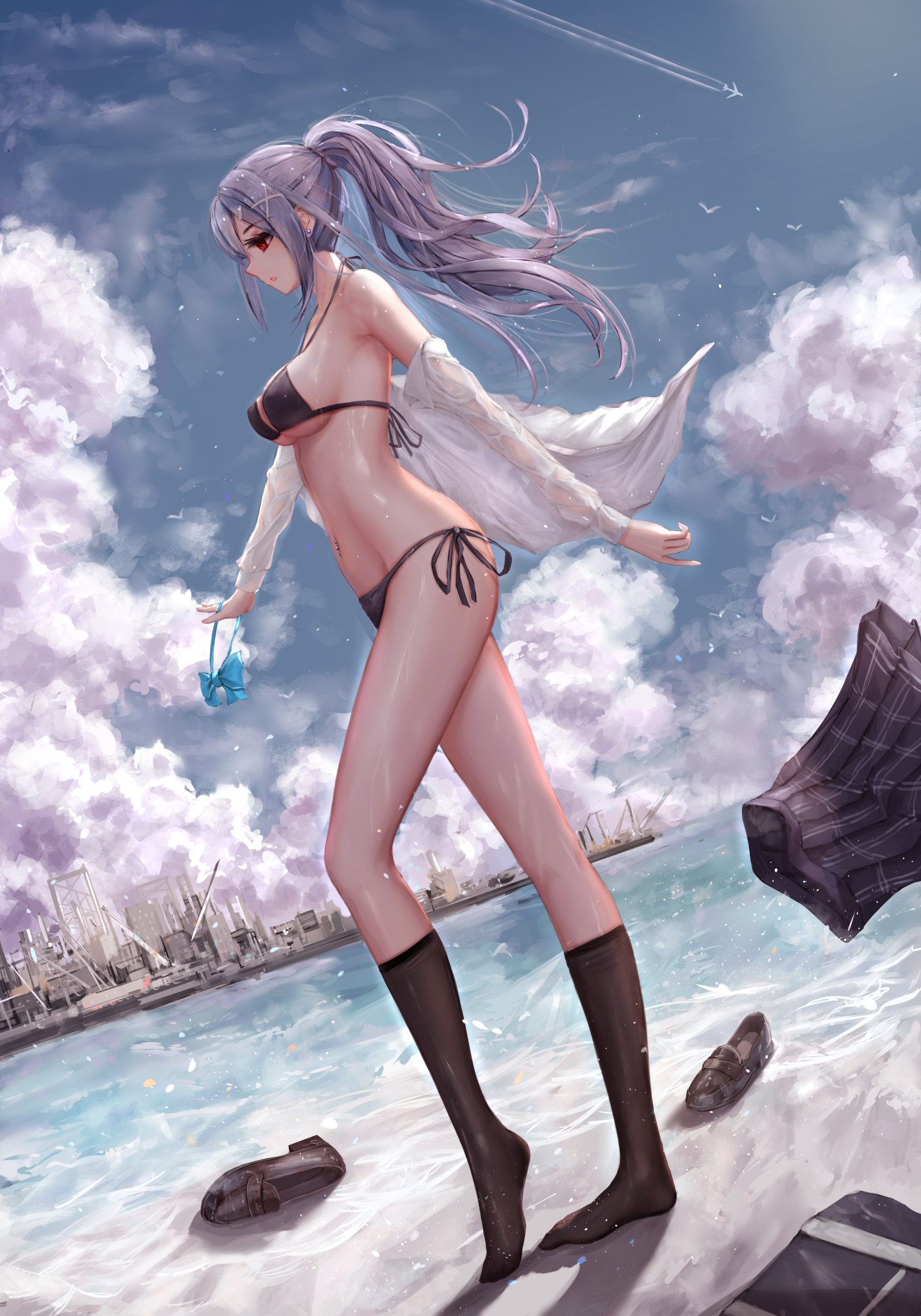 Cumulonimbus clouds - Anime art, Anime, Original character, Swimsuit, Tights, Stockings, Sea, Red eyes, Longpost