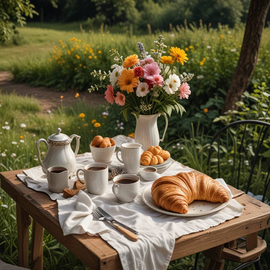 Good morning - Neural network art, Good morning, Flowers, Coffee, Croissants, Table, Nature, Breakfast