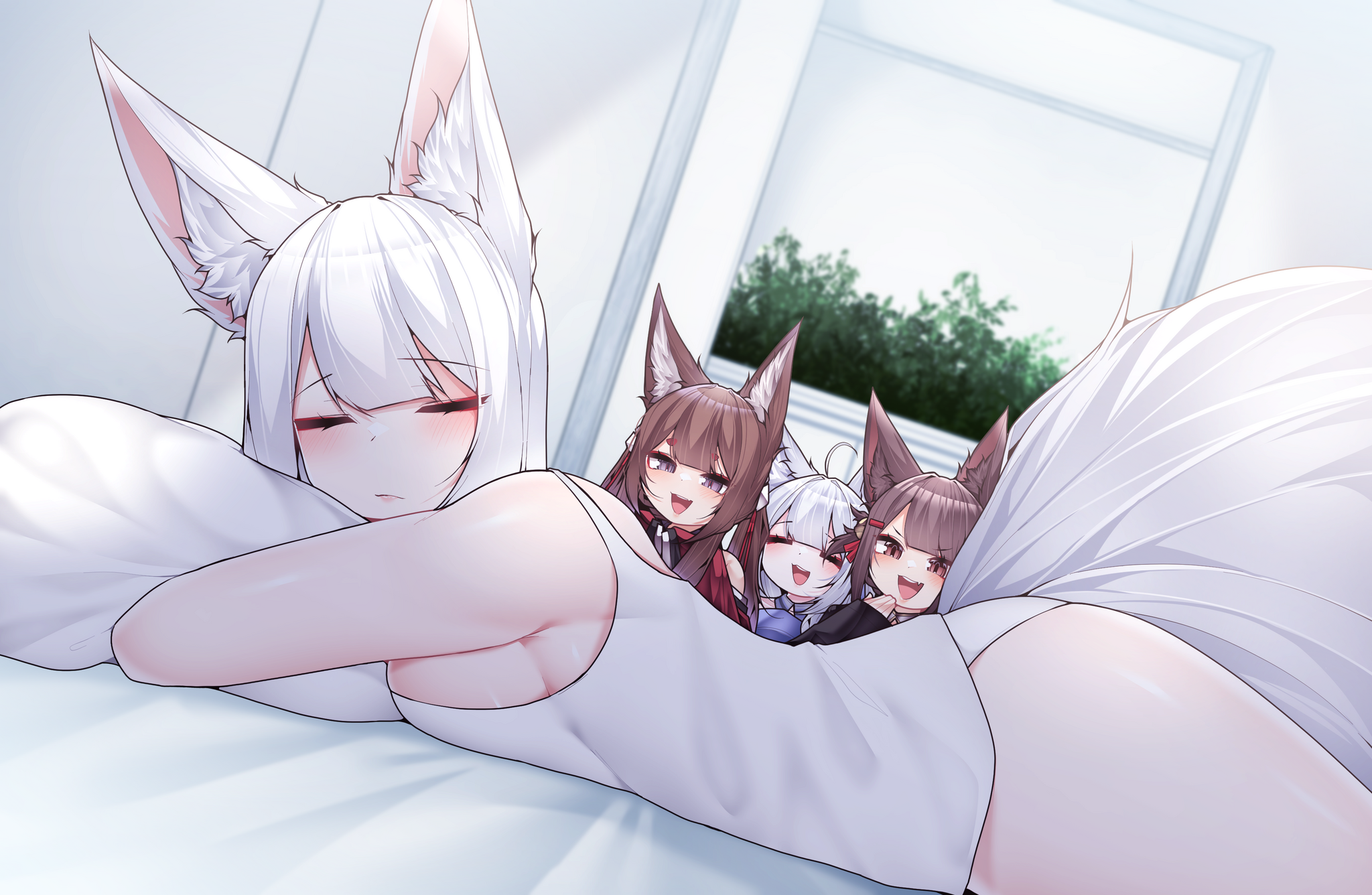 Oh, my sweets, will you wake Kaga up for dinner? - Samip, Art, Anime, Anime art, Azur lane, Animal ears, Tail, Kitsune, Amagi, Akagi, Longpost, Kaga