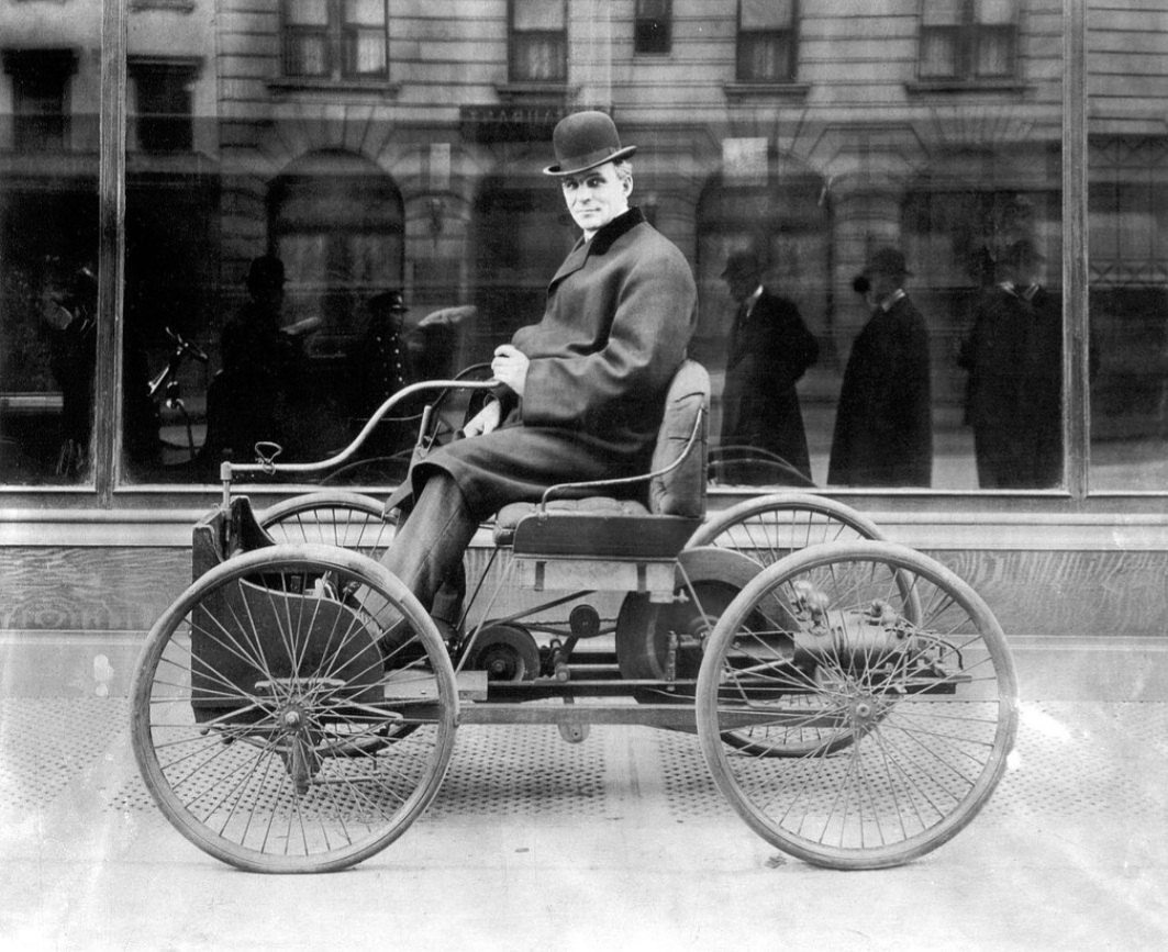 Henry Ford poses with his first car, the Ford Quadricycle, in 1896. Only three of these cars were ever made. - Auto, Telegram (link), Advertising, Henry Ford