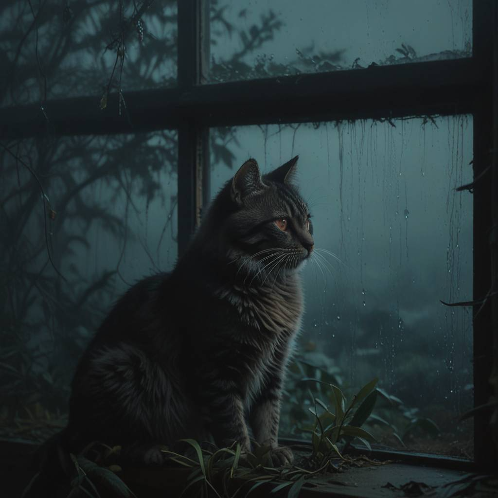 Rainy day - Neural network art, cat, Milota, Fluffy, Rain, Window, Sight, Windowsill, Longpost