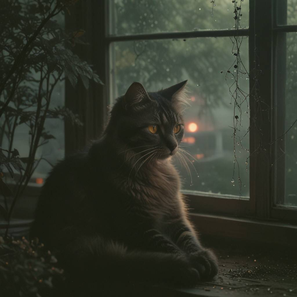 Rainy day - Neural network art, cat, Milota, Fluffy, Rain, Window, Sight, Windowsill, Longpost