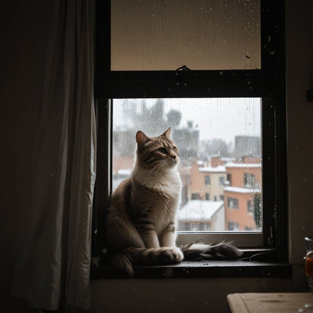 Rainy day - Neural network art, cat, Milota, Fluffy, Rain, Window, Sight, Windowsill, Longpost