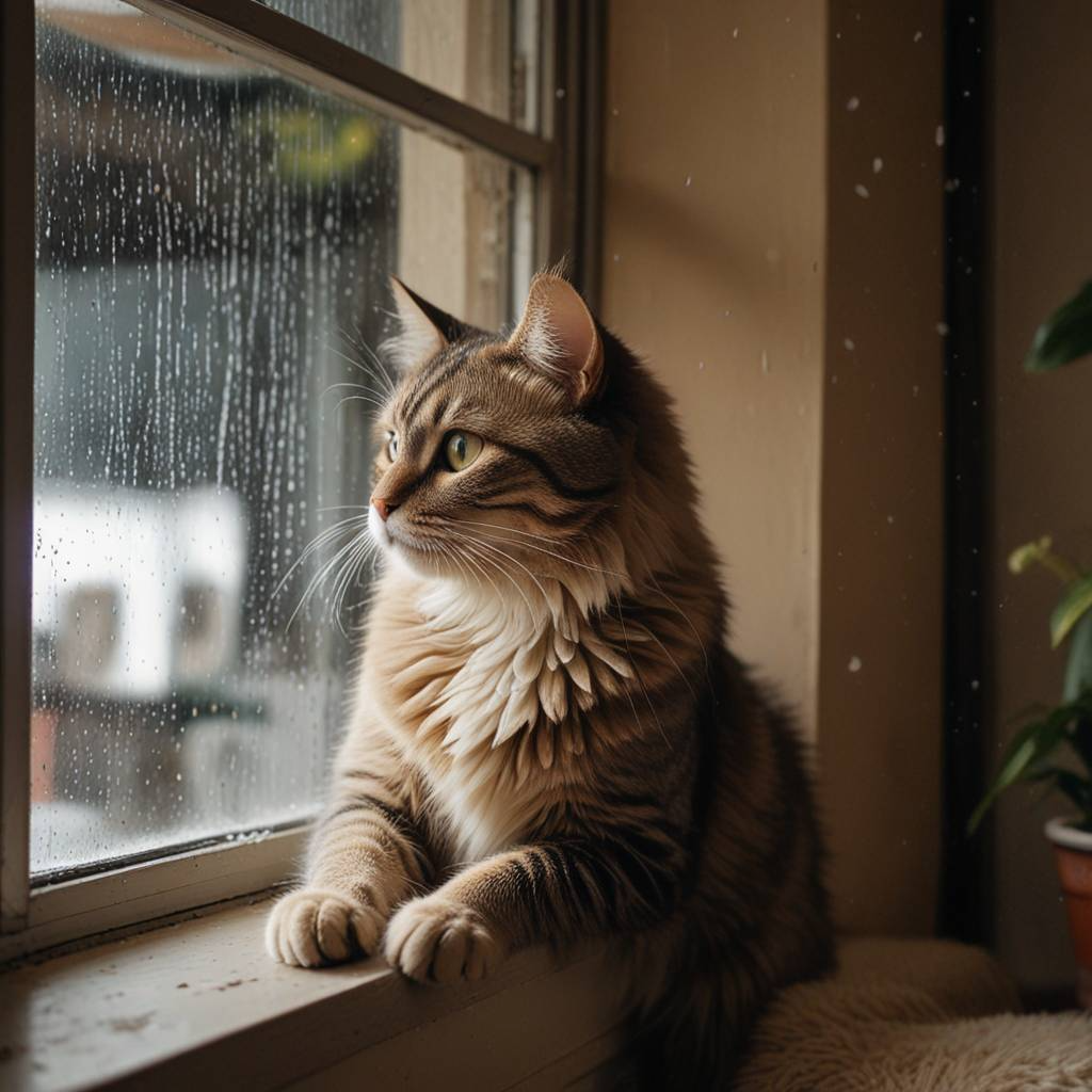 Rainy day - Neural network art, cat, Milota, Fluffy, Rain, Window, Sight, Windowsill, Longpost