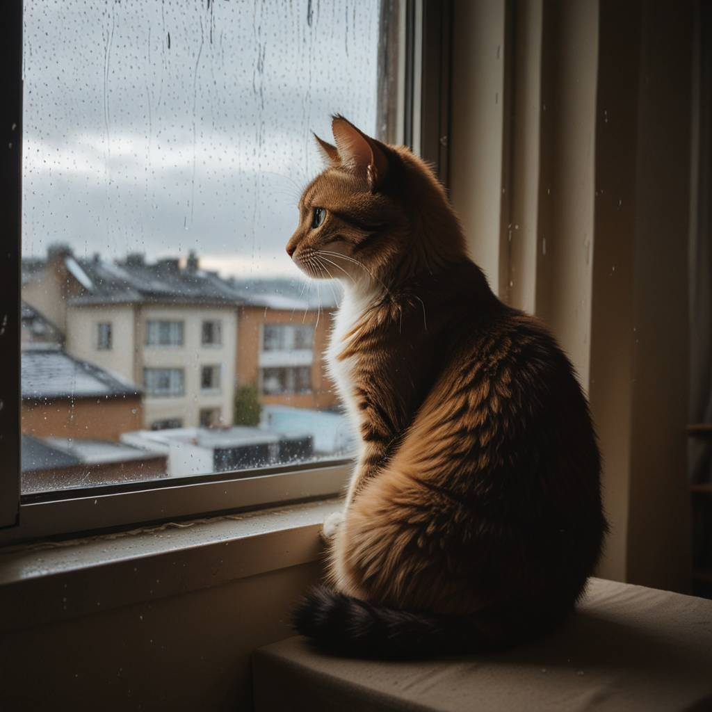 Rainy day - Neural network art, cat, Milota, Fluffy, Rain, Window, Sight, Windowsill, Longpost