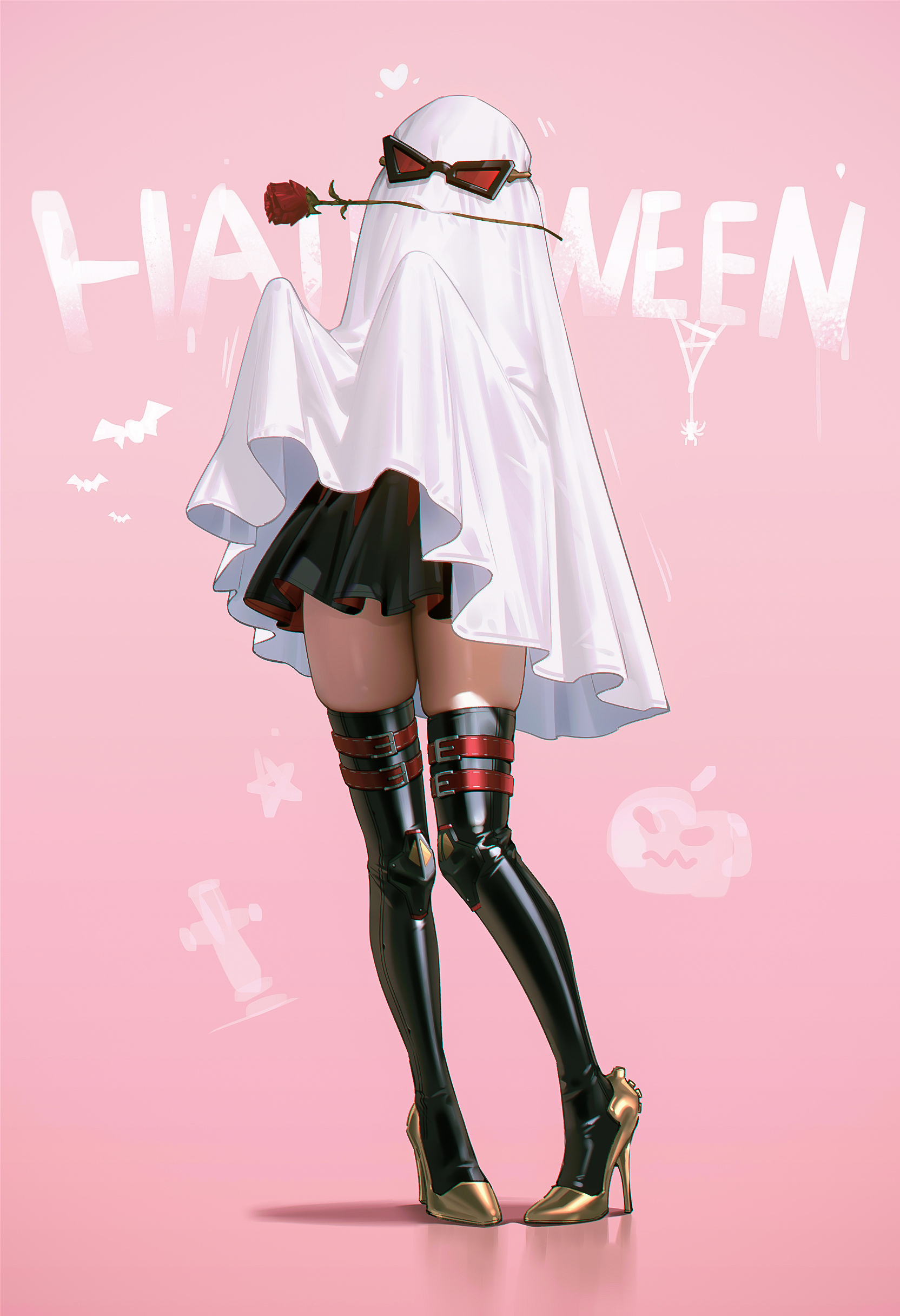 Halloween - Anime, Anime art, Burnice White (zzz), Zenless Zone Zero, Neural network art, the Rose, Glasses, Призрак, Halloween