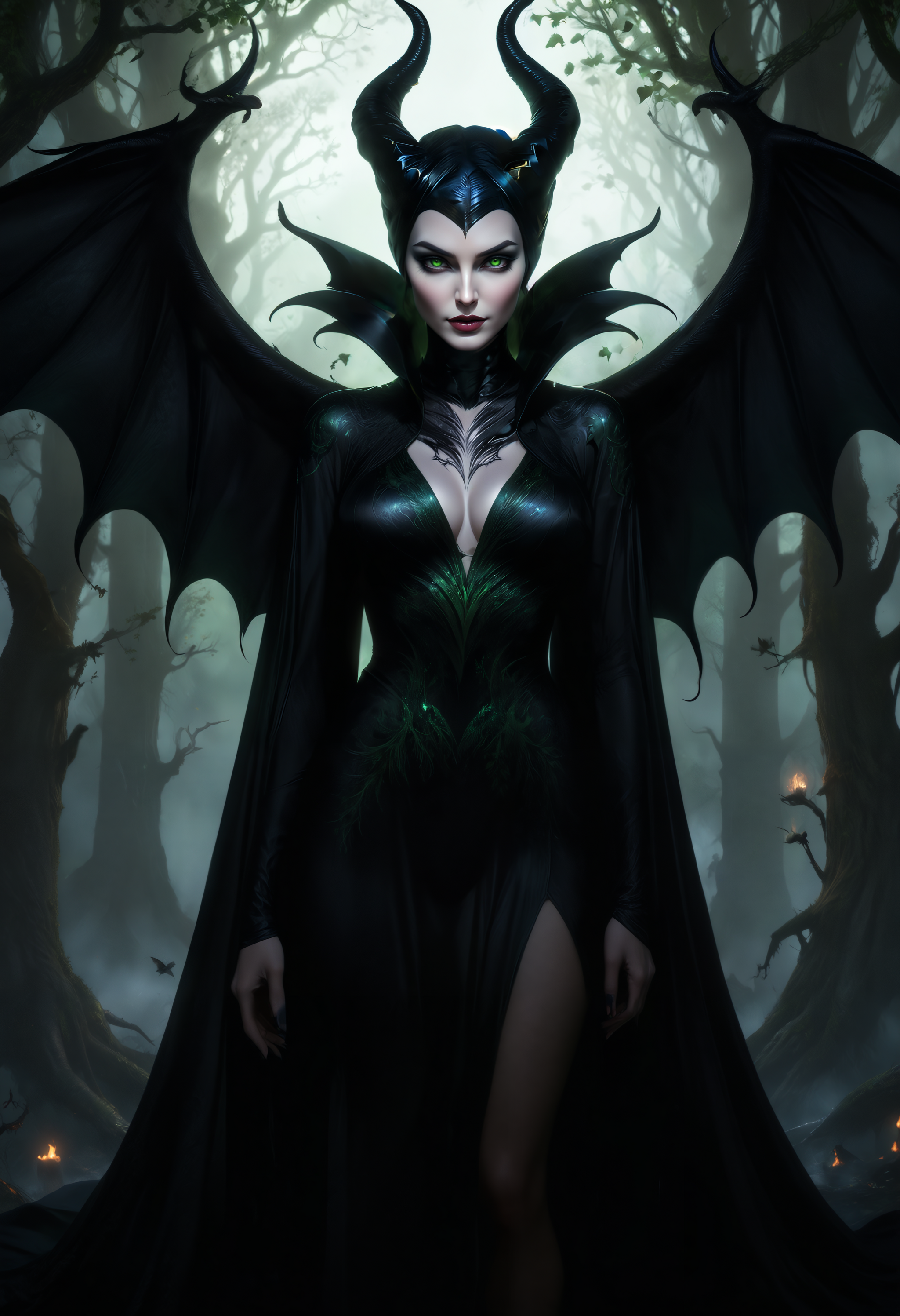 Maleficent - Girls, Neural network art, Stable diffusion, Art, Maleficent, Wings, Fantasy, Girl with Horns