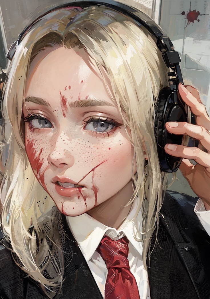 And a psychopath - My, Neural network art, Girls, Cosplay, American psychopath, Blonde, Blood, Costume, Tie, Headphones, Psycho, Halloween, Нейронные сети