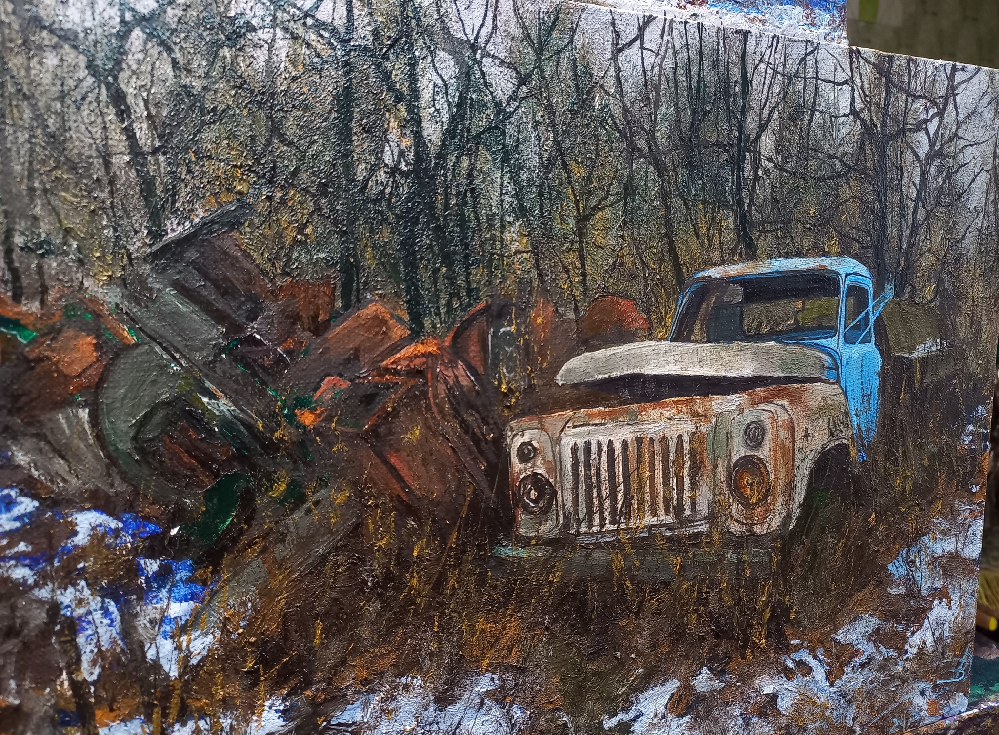 My new job - My, Creation, Landscape, Art, Painting, Dirt, Artist, Winter, Off road, Painting, Gas, Made in USSR, Car, Scrap metal, Longpost