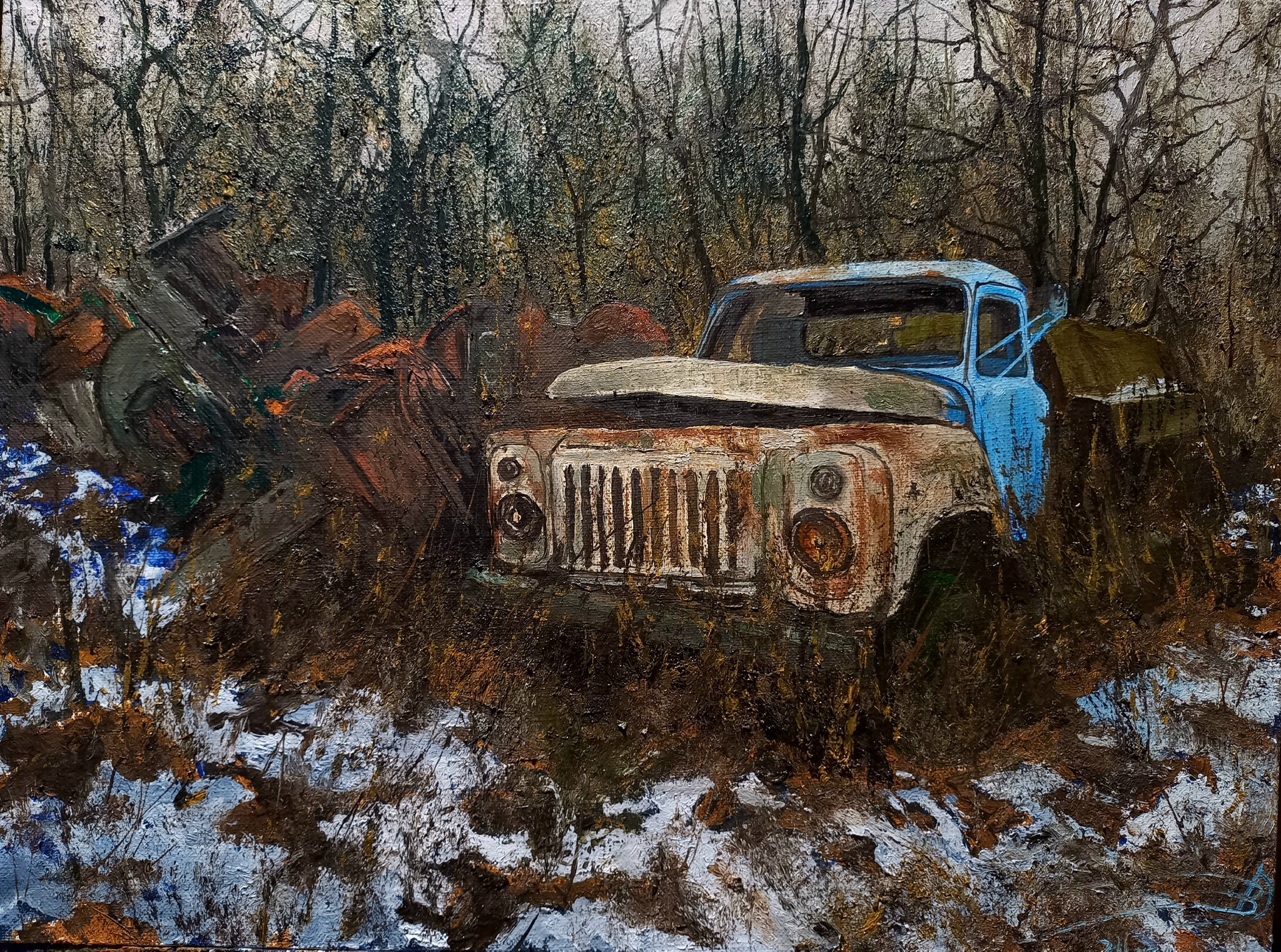 My new job - My, Creation, Landscape, Art, Painting, Dirt, Artist, Winter, Off road, Painting, Gas, Made in USSR, Car, Scrap metal, Longpost