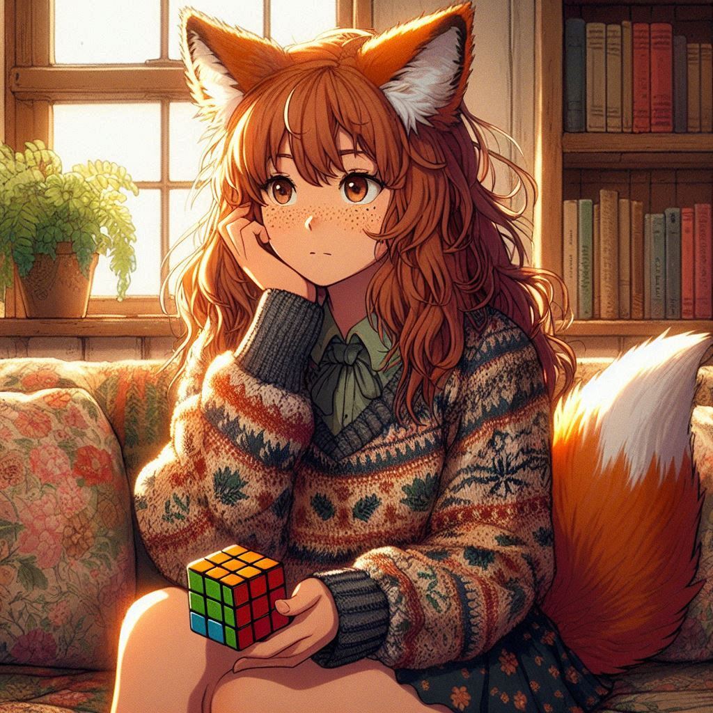 Rubikomania - My, Нейронные сети, Neural network art, Art, Girls, Anime, Anime art, Kitsune, Animal ears, Rubik's Cube, Ginger & White, Original character, Longpost