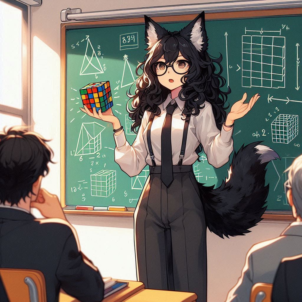 Rubikomania - My, Нейронные сети, Neural network art, Art, Girls, Anime, Anime art, Kitsune, Animal ears, Rubik's Cube, Ginger & White, Original character, Longpost