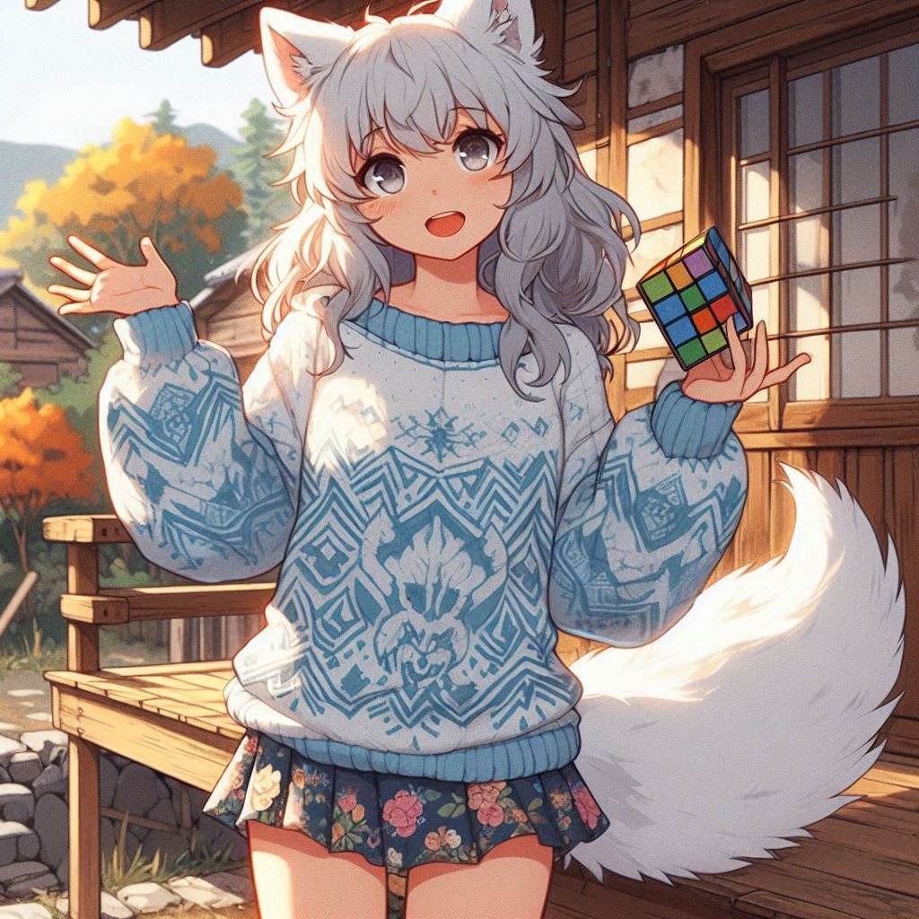 Rubikomania - My, Нейронные сети, Neural network art, Art, Girls, Anime, Anime art, Kitsune, Animal ears, Rubik's Cube, Ginger & White, Original character, Longpost