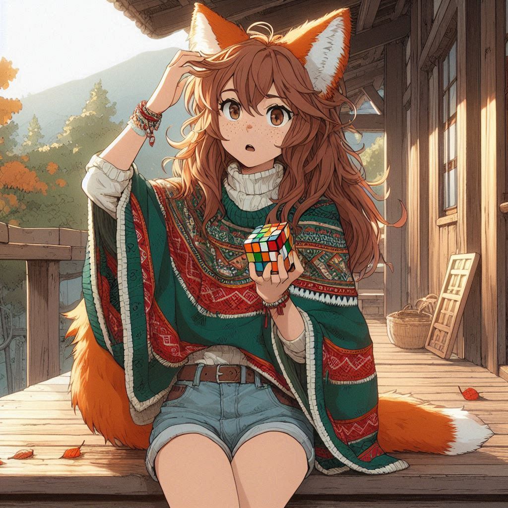 Rubikomania - My, Нейронные сети, Neural network art, Art, Girls, Anime, Anime art, Kitsune, Animal ears, Rubik's Cube, Ginger & White, Original character, Longpost