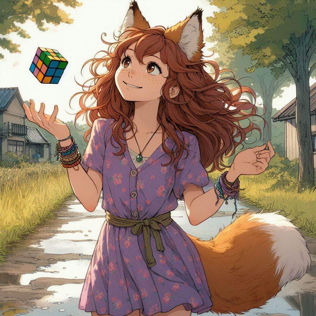 Rubikomania - My, Нейронные сети, Neural network art, Art, Girls, Anime, Anime art, Kitsune, Animal ears, Rubik's Cube, Ginger & White, Original character, Longpost