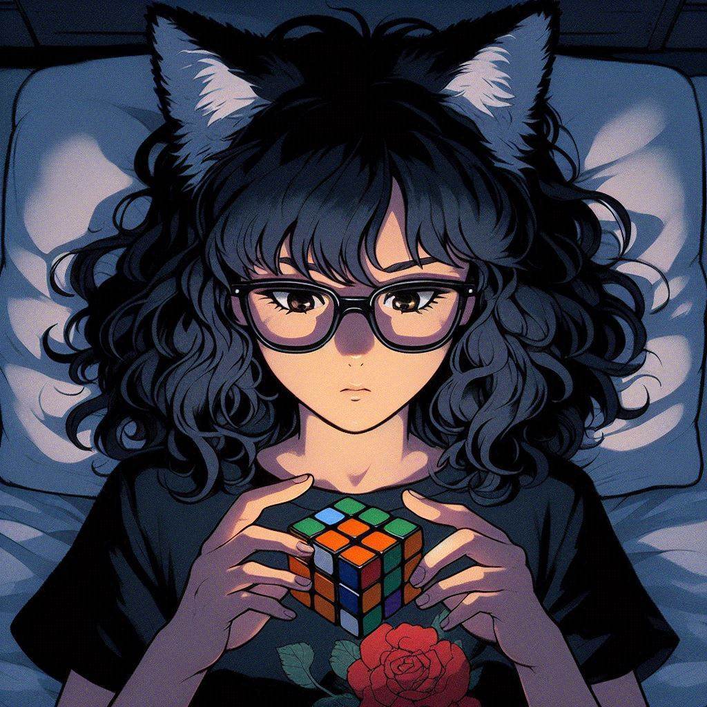 Rubikomania - My, Нейронные сети, Neural network art, Art, Girls, Anime, Anime art, Kitsune, Animal ears, Rubik's Cube, Ginger & White, Original character, Longpost