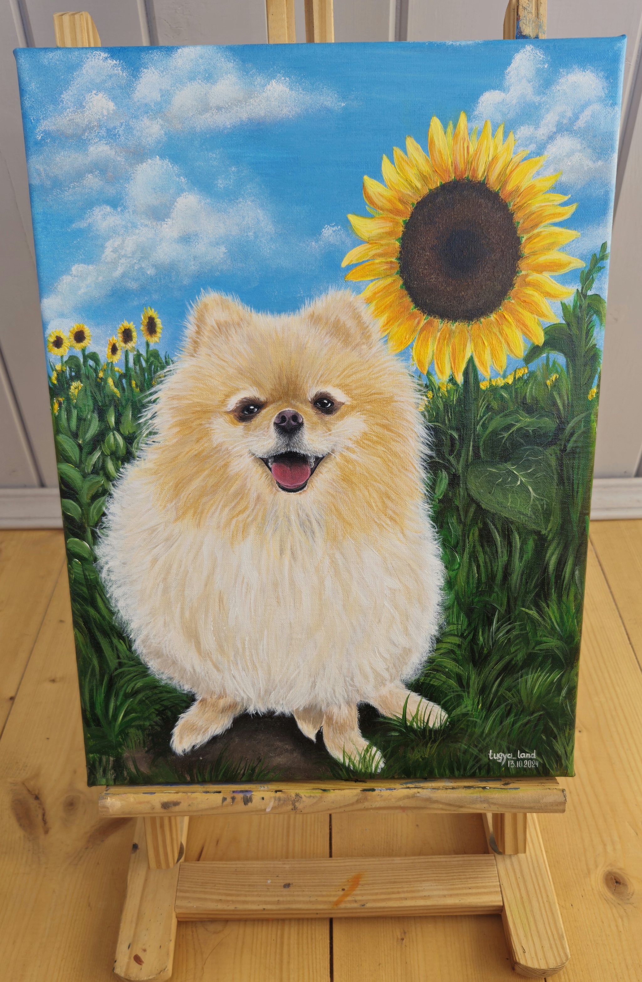 Spitz and sunflower - My, Painting, Acrylic, Paints, Canvas, Creation, Spitz, Sunflower, Longpost