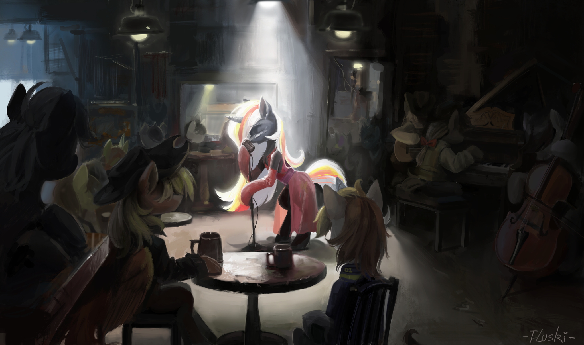 Velvet sings, the rest drink... - My little pony, Fallout: Equestria, Velvet remedy, Calamity, Littlepip, Original character