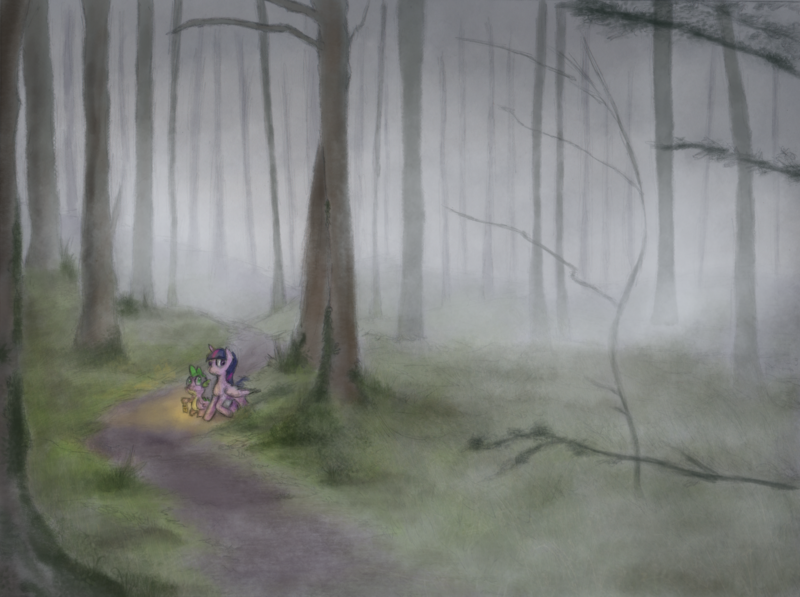 In the foggy forest - My little pony, PonyArt, Twilight sparkle, Spike, Hewison