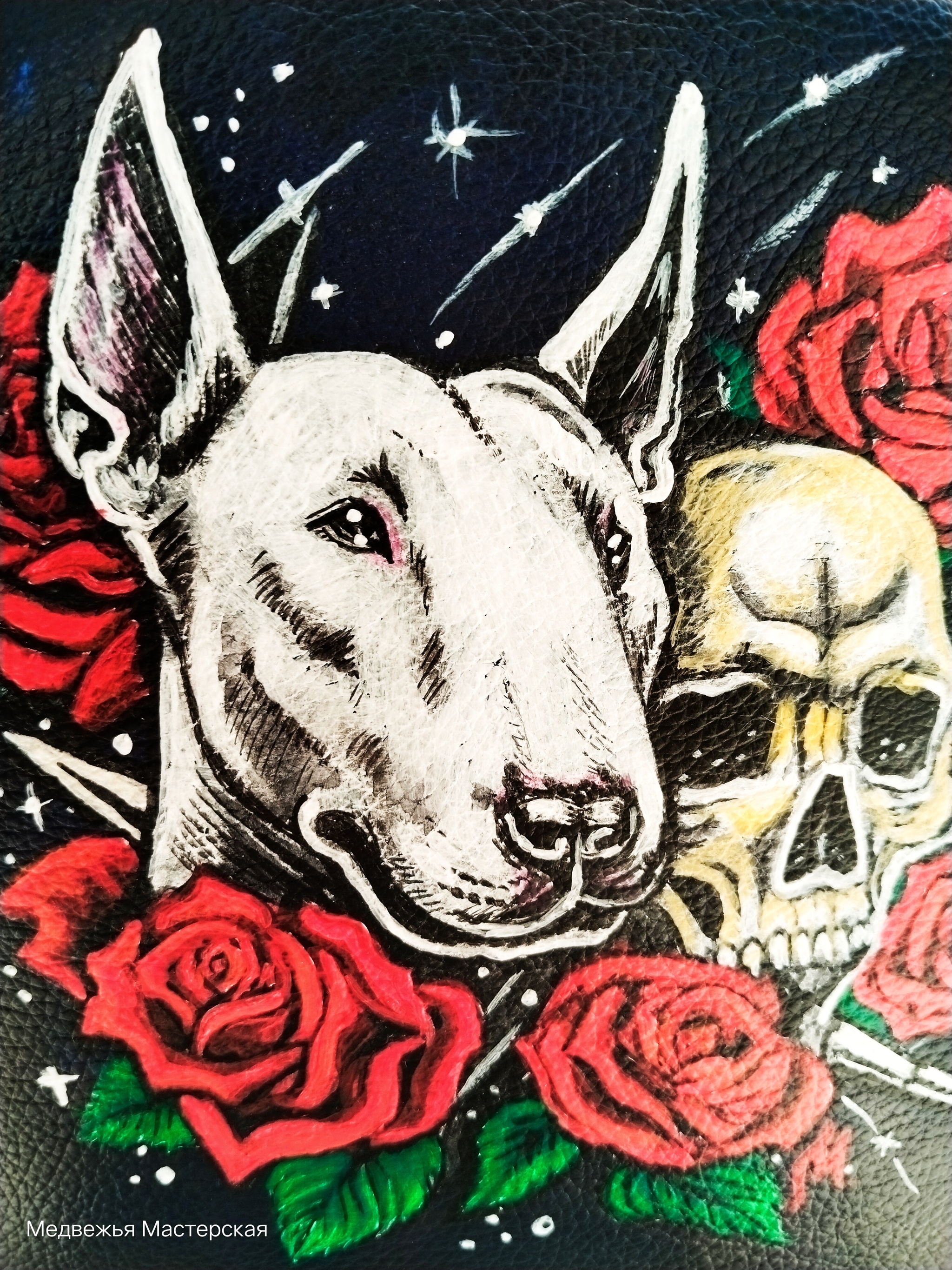 First painting on eco-leather - My, Leather, Painting, Acrylic, Bull terrier, Longpost