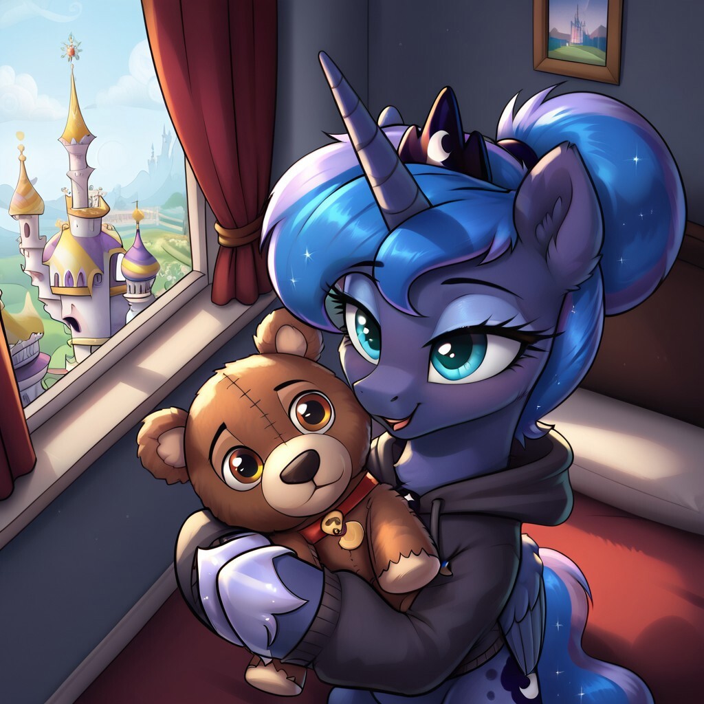 Teddy Luna) - Моё, Арты нейросетей, My Little Pony, PonyArt, Princess Luna, Длиннопост