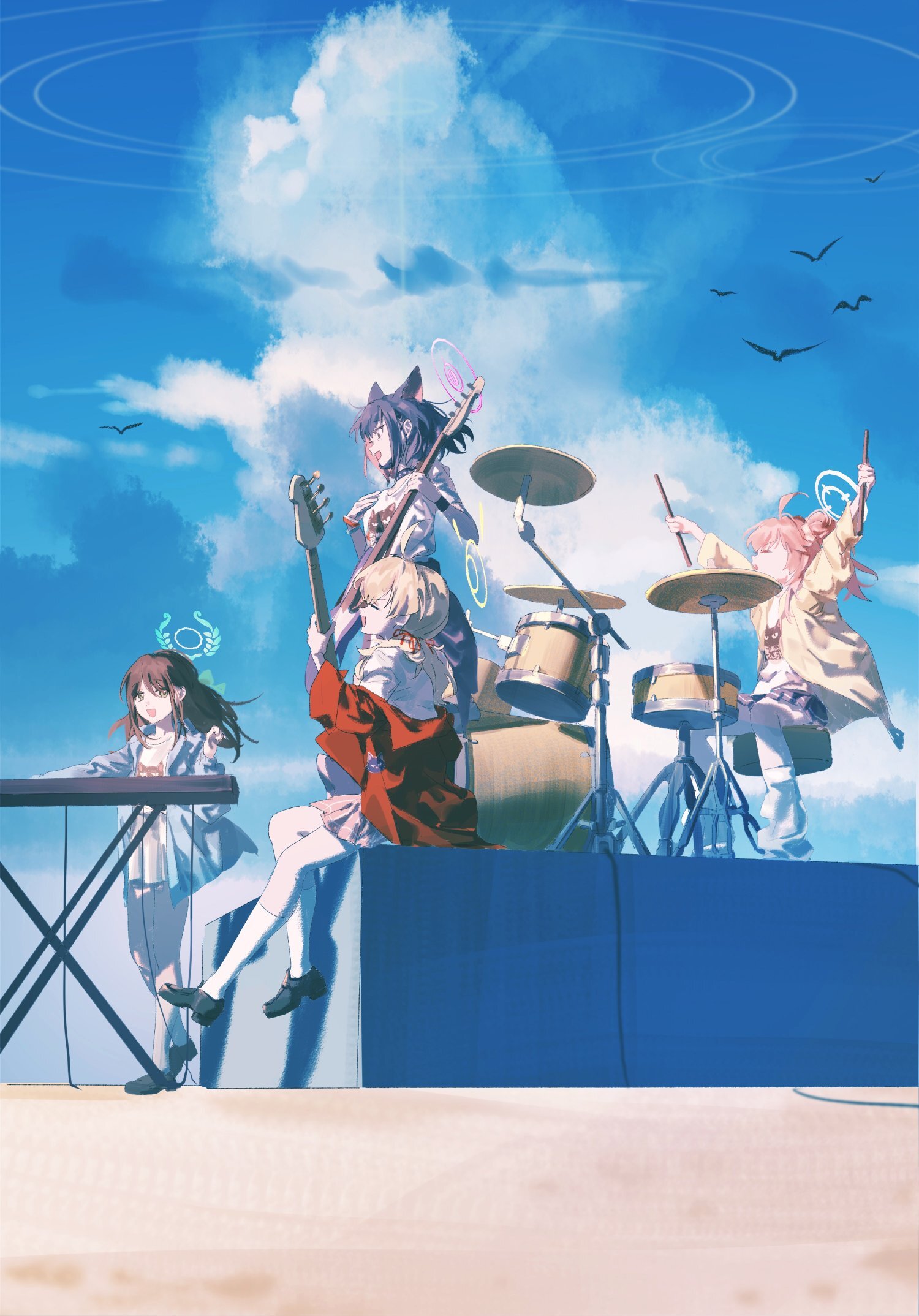 Rehearsal on the roof - Anime art, Anime, Girls, Games, Blue archive, Kyouyama Kazusa, Animal ears, Ibaragi Yoshimi, Yutori Natsu, Kurimura Airi, Art, Musical group, Guitar, Drums, Keyboards