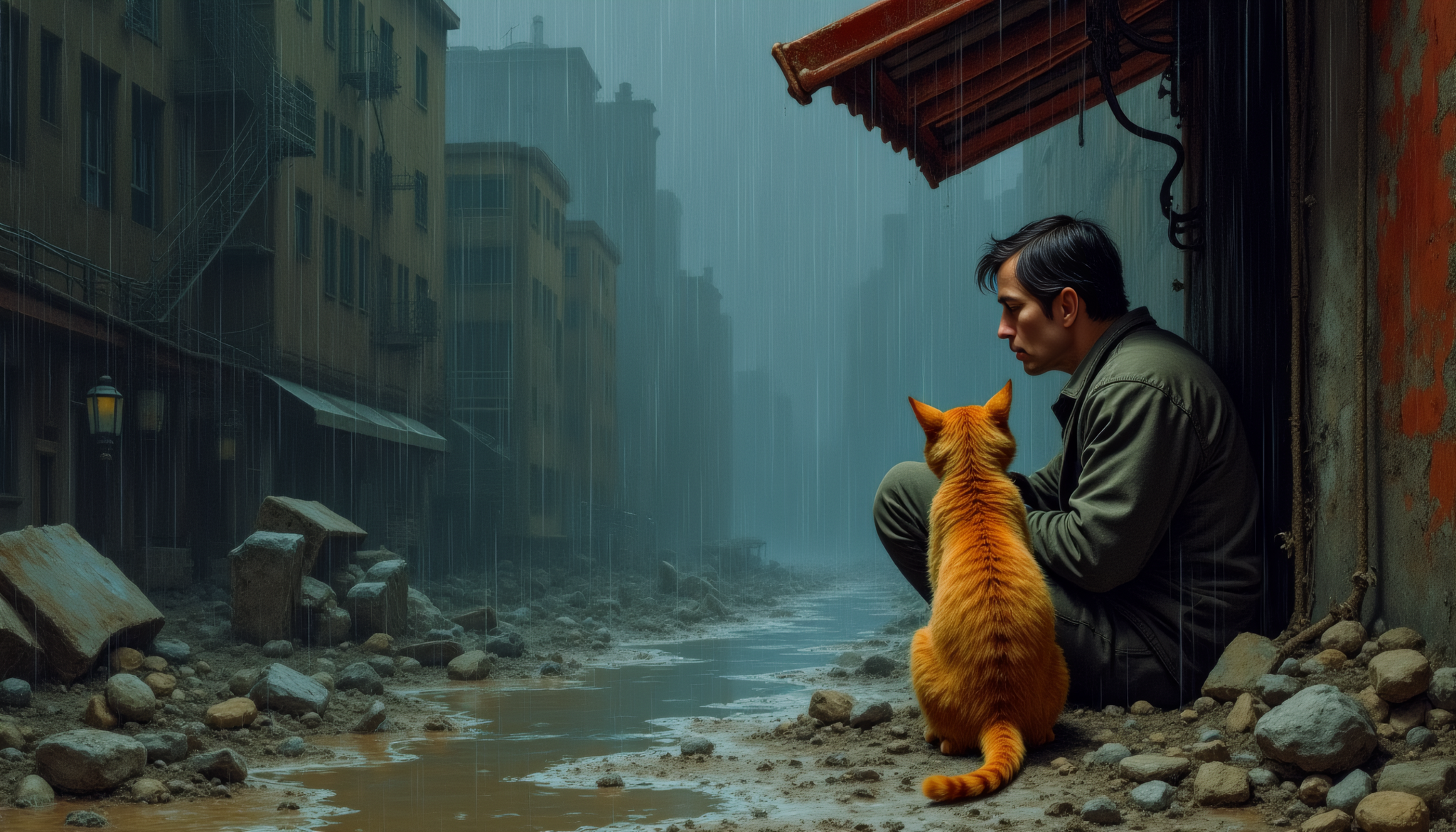 Man and cat - My, Neural network art, Art, Men, cat, Post apocalypse, Longpost