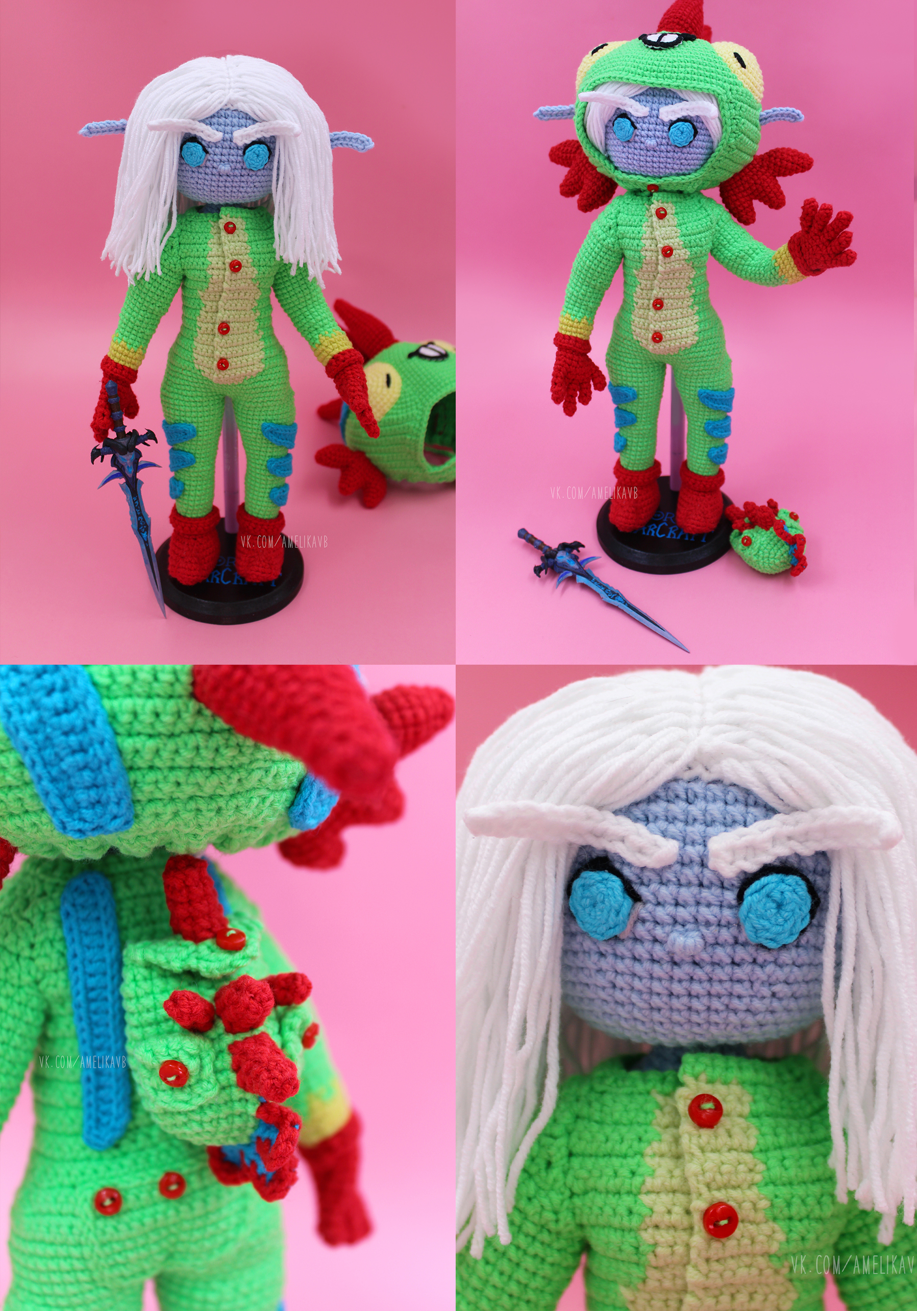 Knitted Elf in Murloc Costume - My, Needlework without process, Needlework, Author's toy, Crochet, Amigurumi, Warcraft, Elves, World of warcraft, Knitted toys, Murlocs