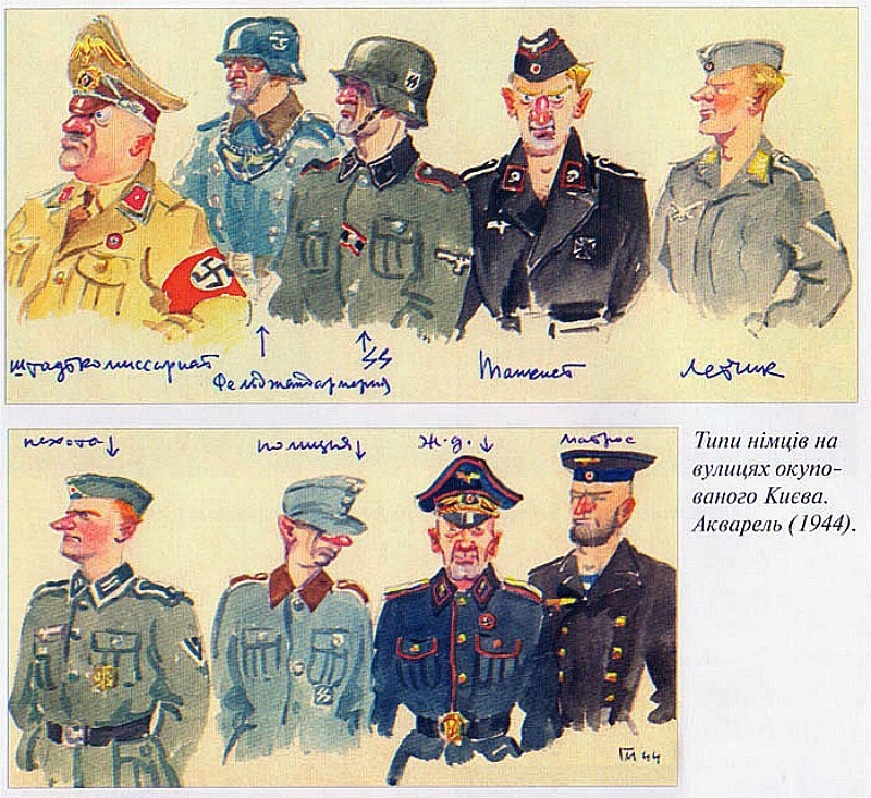 Types of Germans on the streets of occupied Kyiv. Watercolor (1944) - History (science), Watercolor, Drawing