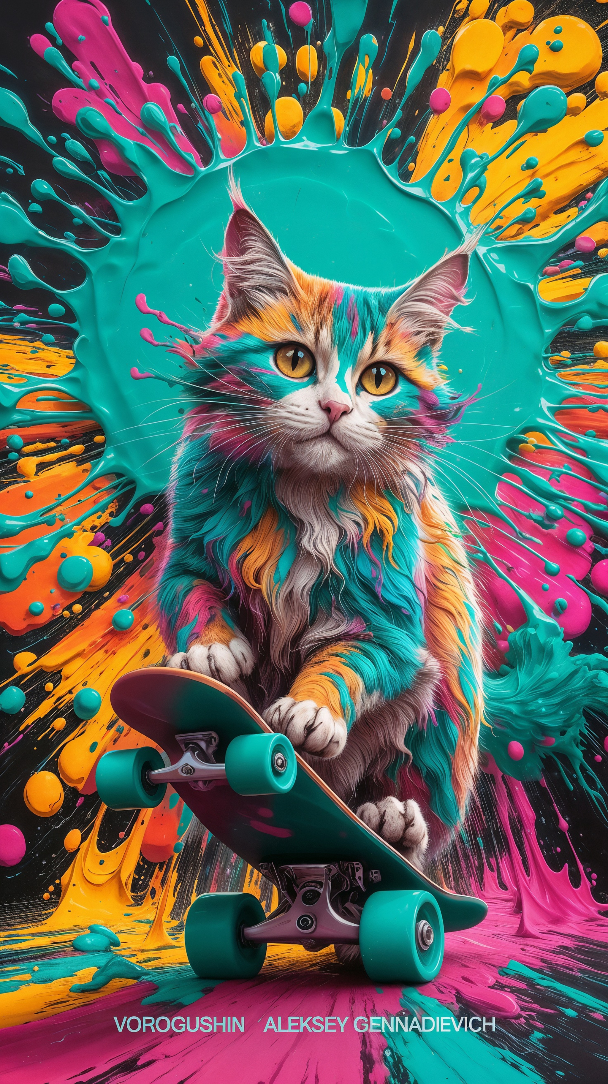 AI artist: Vorogushin Alexey Gennadievich. Bright surreal cat on a skateboard. Evaluation and analysis of neuroart using AI - My, Dall-e, Нейронные сети, Neural network art, Digital, Phone wallpaper, cat, Surrealism, Desktop wallpaper, Computer graphics, Art, Street art, Abstraction, Artist, Skateboarder, Art, Modern Art, Artificial Intelligence, Digital drawing, Wallpaper, Longpost