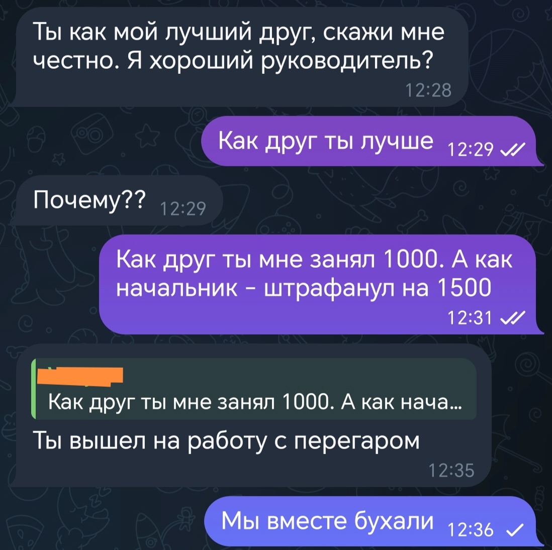 Когда начальник твой друг - Юмор, Скриншот, Работа, Переписка, Telegram (ссылка), Алкоголь, Штраф