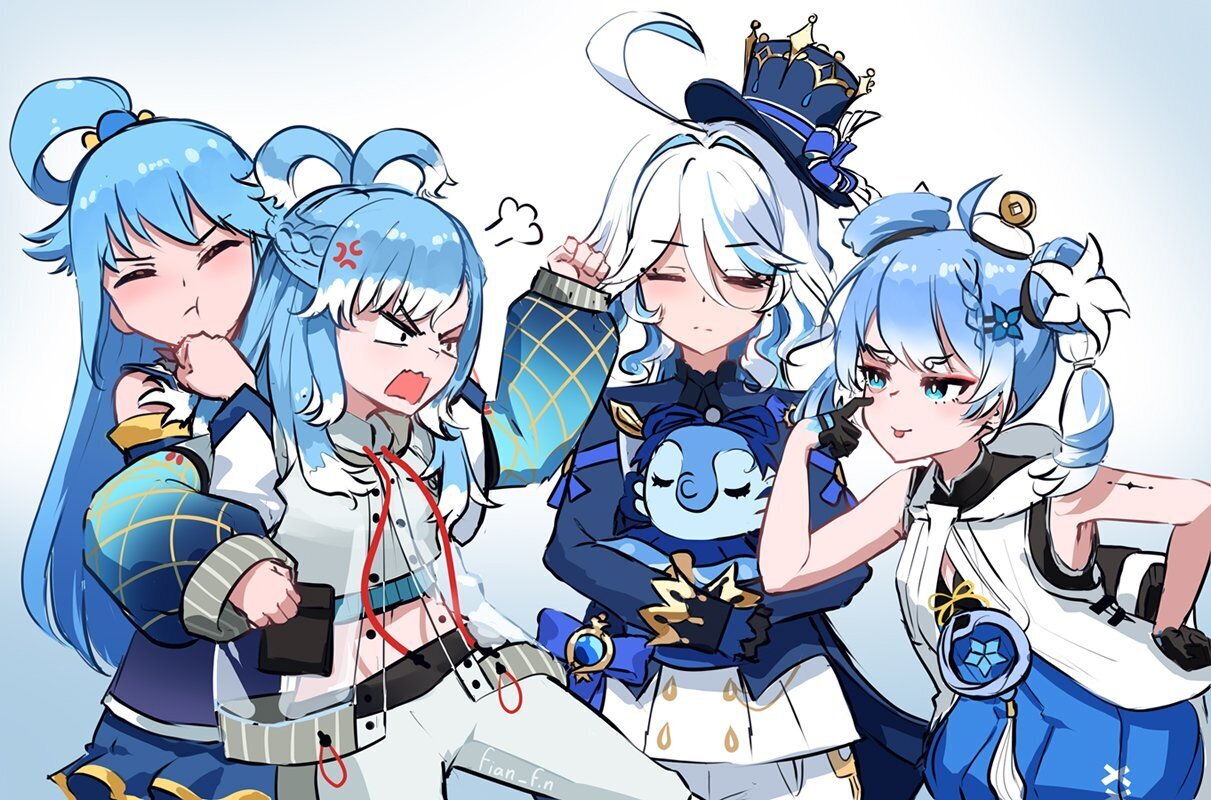 Hydro family - Genshin impact, Konosuba, Wuthering Waves, Furina (Genshin Impact), Aqua, Virtual youtuber, Art, Anime art, Crossover