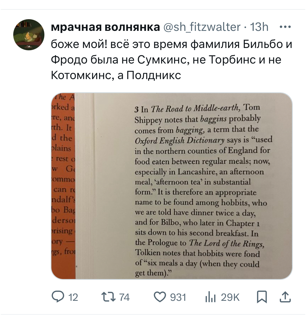 Фродо Полдникс - Юмор, Скриншот, Картинка с текстом, Twitter, Властелин колец, Фродо Бэггинс