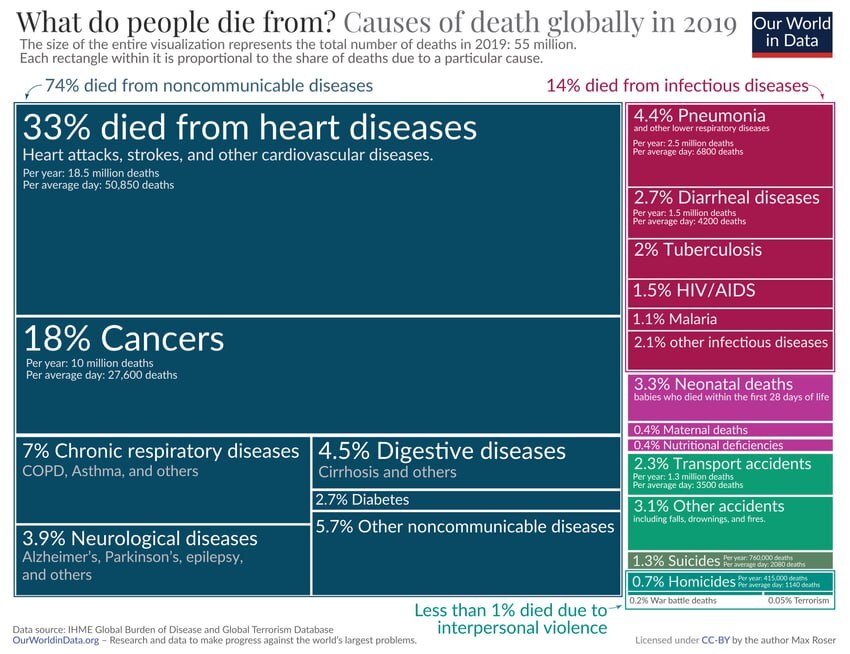 What Do People Die From? Data for 2019 - Negative, The medicine, Cancer and oncology, Health, Infographics, Disease, AIDS, Road accident, Diarrhea, Diarrhea, Alzheimer's disease, Telegram (link)