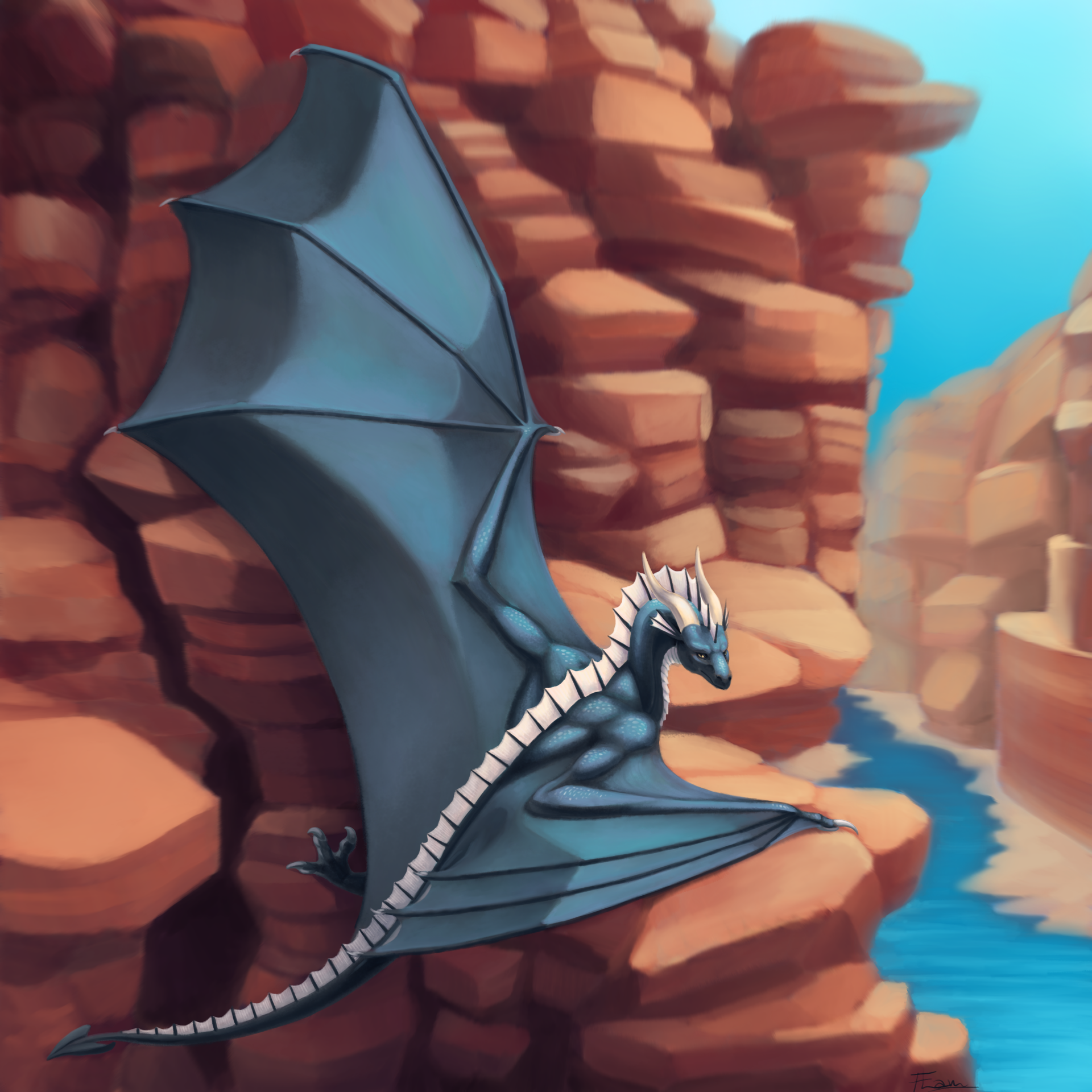 Canyon - Art, Wyvern, The rocks, Canyon, Wings, Digital drawing, The Dragon, Flam