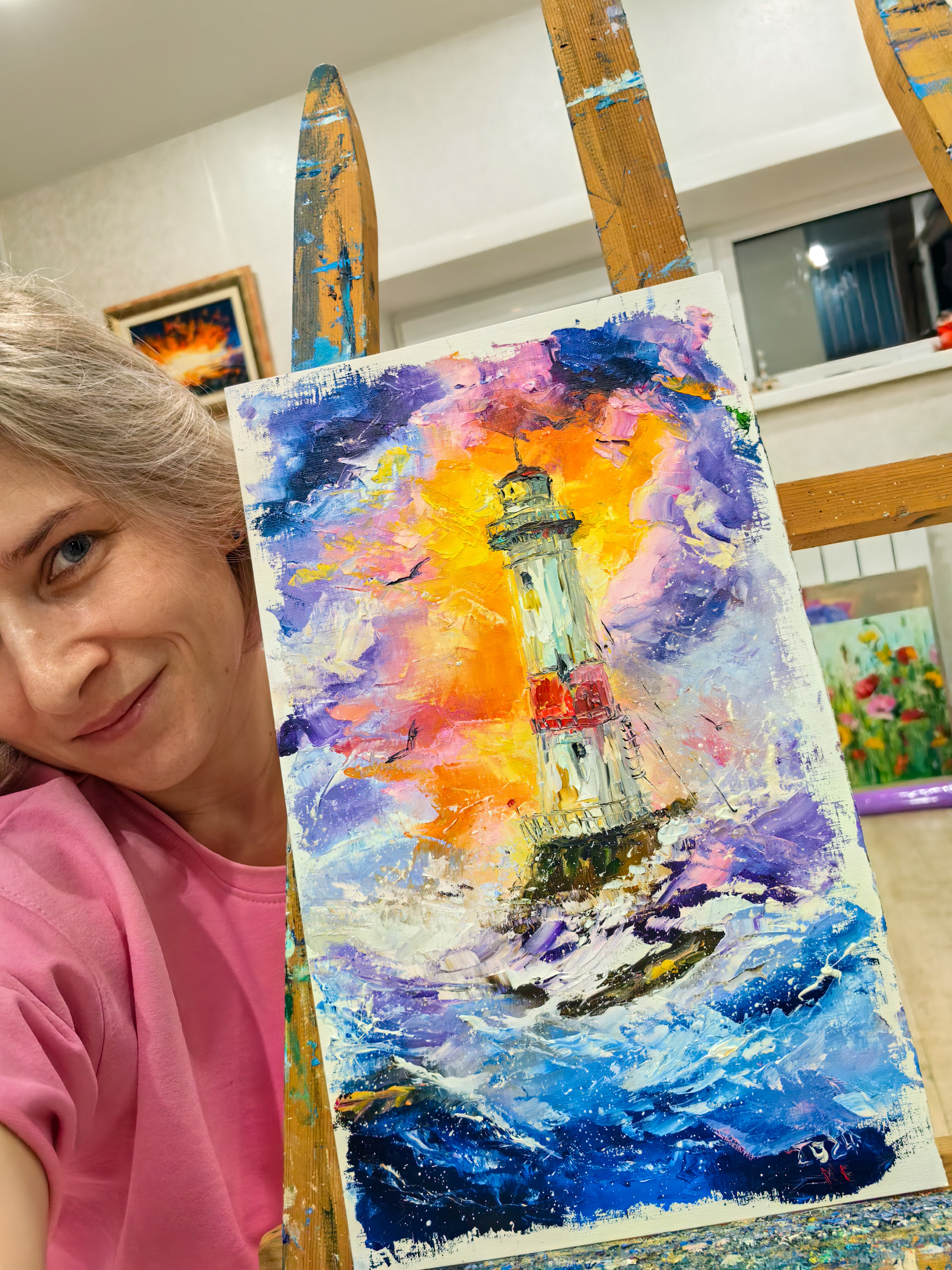 I'm peeping - My, Oil painting, Painting, Lighthouse, Sea, Storm, Painting, Impressionism, Girls, beauty