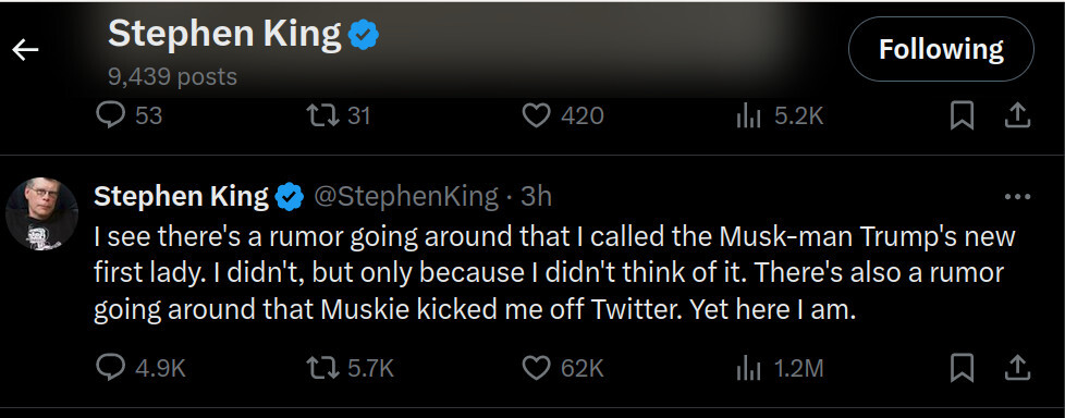 King continues to spar with Musk - Stephen King, Elon Musk, Twitter, US elections, Donald Trump