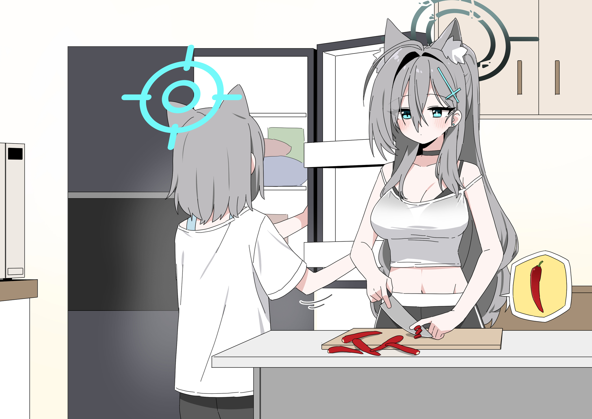 Sunaookami Shiroko #026. Mother of the Year - Anime, Anime art, Blue archive, Sunaookami shiroko, Shiroko Terror, Girls, Table, Nimbus, Refrigerator, Comics, Barrette, Shorts, Animal ears, Blue eyes, Choker, Chilli, Neckline, Knife, Memes, Longpost