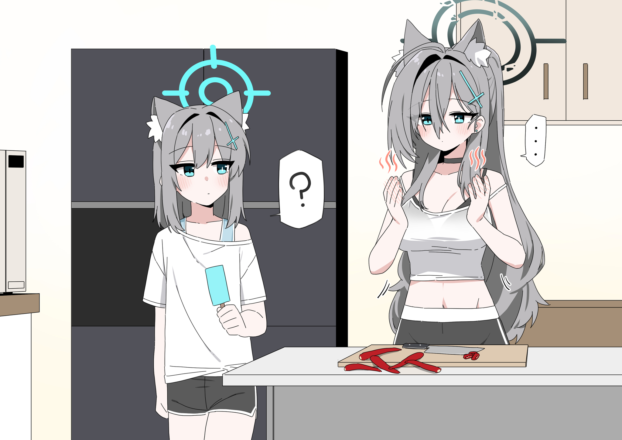 Sunaookami Shiroko #026. Mother of the Year - Anime, Anime art, Blue archive, Sunaookami shiroko, Shiroko Terror, Girls, Table, Nimbus, Refrigerator, Comics, Barrette, Shorts, Animal ears, Blue eyes, Choker, Chilli, Neckline, Knife, Memes, Longpost