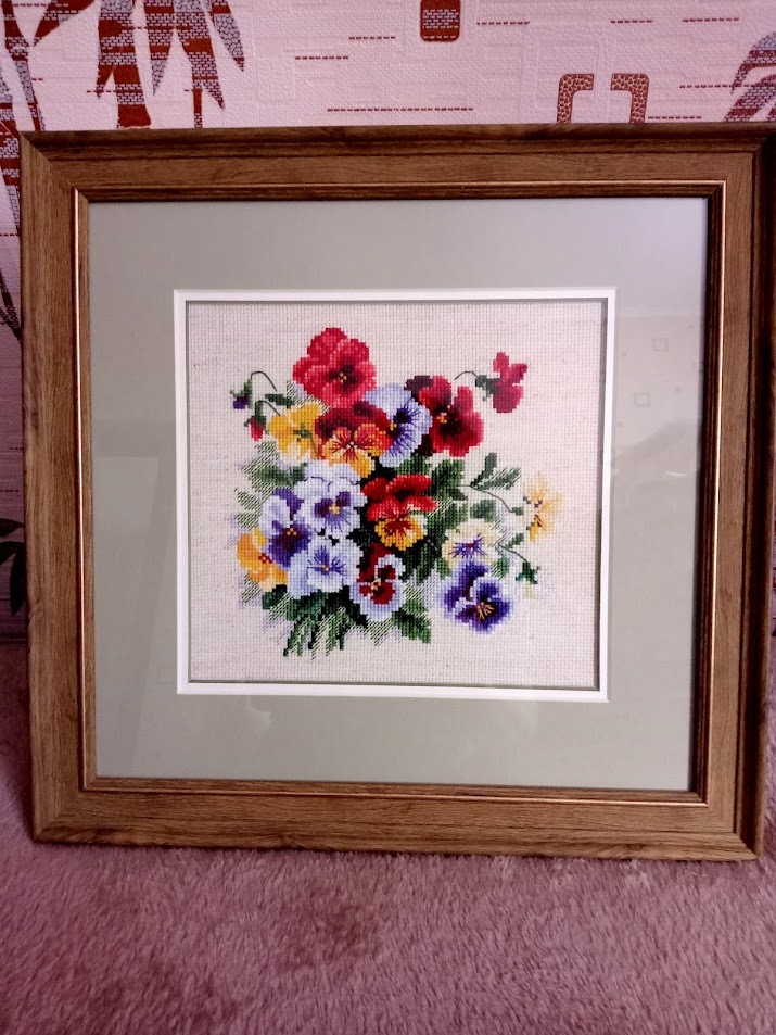 Variegated pansies - My, Cross-stitch, Needlework without process, Handmade, Painting